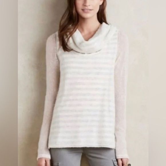 Moth Sweaters - Anthropologie Moth Ivory Striped Layered Cowl Neck Sweater